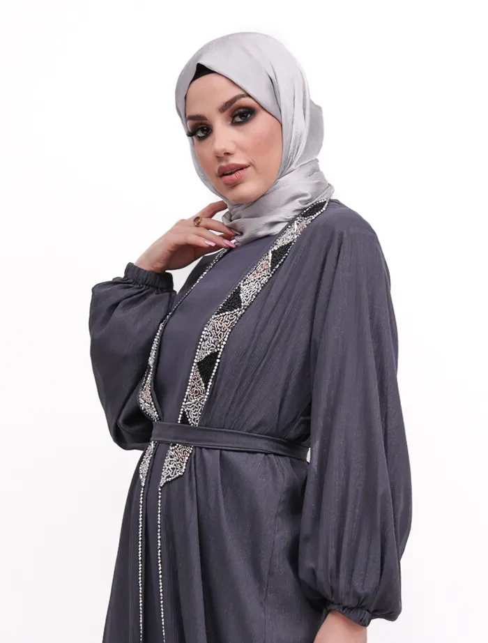 Grey 2 Piece Aztec Organza Abaya